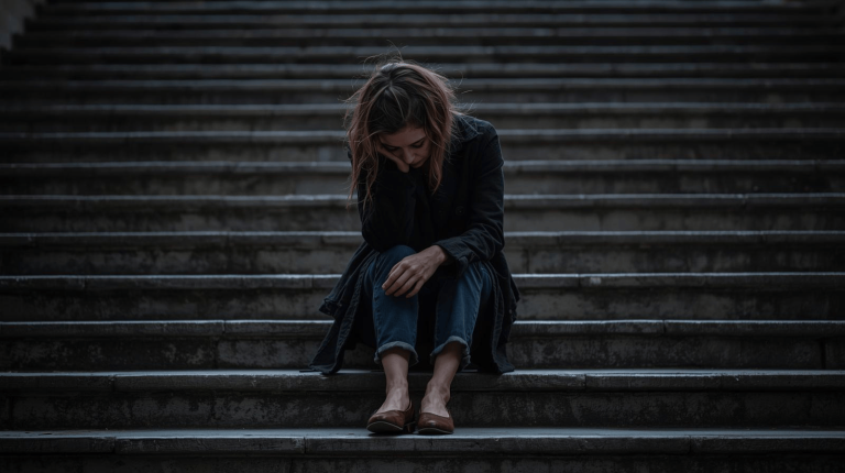 A woman sitting alone on steps looking upset