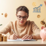 Image of a young woman with piggy bank and plotting savings