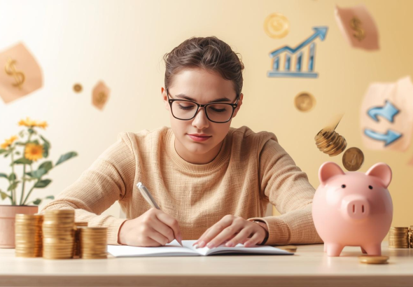 Image of a young woman with piggy bank and plotting savings