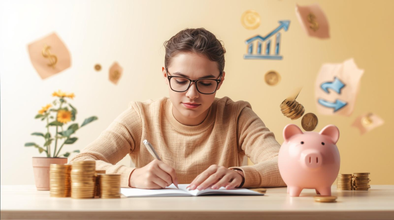 Image of a young woman with piggy bank and plotting savings